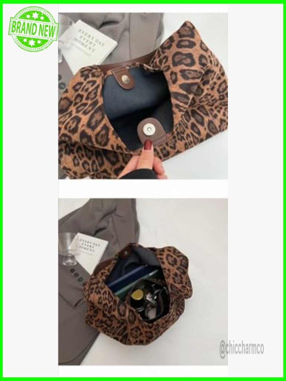 Large Capacity Leopard Print Tote Bag, Shoulder Strap, Polyester Blend - Picture 4 of 7